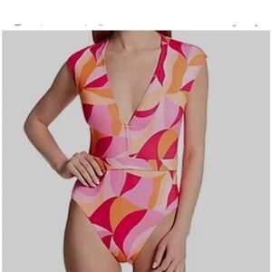 Sanctuary Colorblock V-Neck cap sleeve One-Piece Swimsuit in Pink & Orange M
